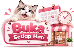 Ilustrasi kucing dengan papan Buka Setiap Hari