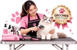 Ilustrasi groomer bersertifikat menyisir kucing