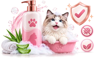Ilustrasi mandi kucing higienis dengan shampoo khusus