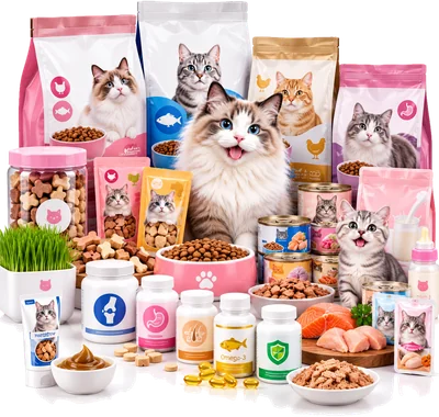 Ilustrasi makanan, camilan, dan suplemen kucing