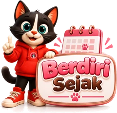 Ilustrasi maskot Central Cat’s dengan papan Berdiri Sejak