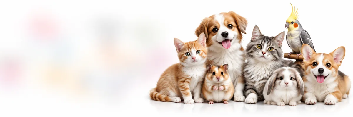 Anak kucing, anak anjing, hamster, kelinci, dan burung parkit duduk bersama